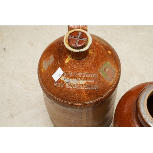 5 - Six Stoneware storage vessels / flagons, the jars unbranded, the three flagons with impressed brandi... 