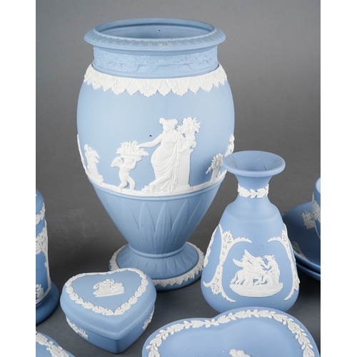 26 - A large collection of Wedgwood blue jasper ware trinkets to include vases, pots and lids, dishes etc... 