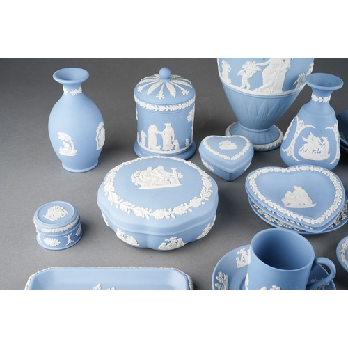 26 - A large collection of Wedgwood blue jasper ware trinkets to include vases, pots and lids, dishes etc... 