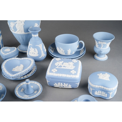 26 - A large collection of Wedgwood blue jasper ware trinkets to include vases, pots and lids, dishes etc... 