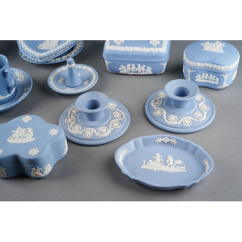 26 - A large collection of Wedgwood blue jasper ware trinkets to include vases, pots and lids, dishes etc... 