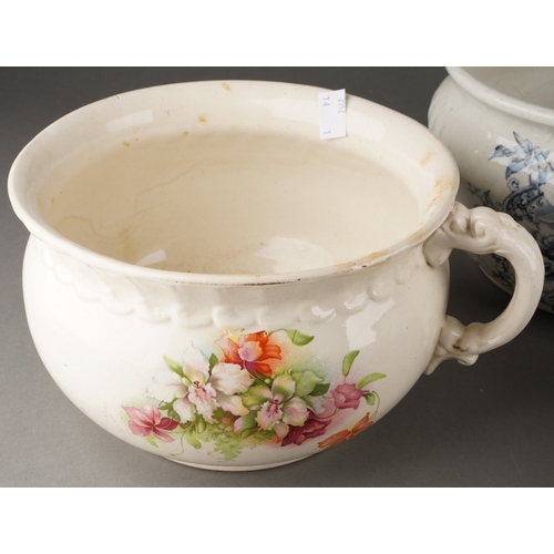 28 - Three various Pottery Chamber pots, 1900's, two transfer printed, one plain, factory to mark to one ... 