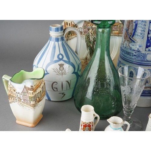 30 - A collection of pottery, porcelain and glass including a small Amphora vase decorated with a stork, ... 