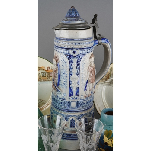30 - A collection of pottery, porcelain and glass including a small Amphora vase decorated with a stork, ... 