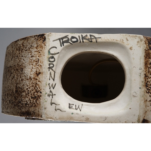 37 - A Troika Wheel Lamp Base by Eleanor Winning, circa 1974/5, both sides incised geometric motifs in or... 