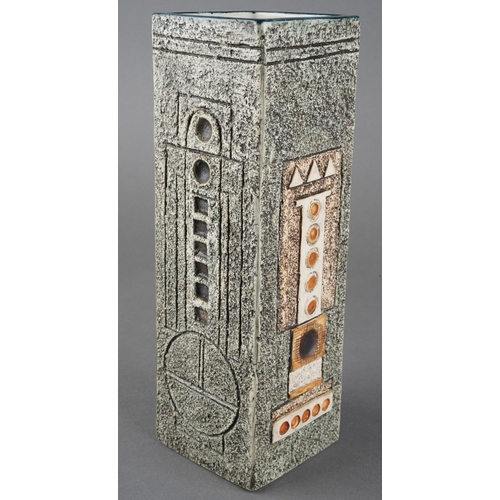 38 - A Troika square vase by Louise Jinks, circa 1976-1981, the four sides with incised geometric decorat... 