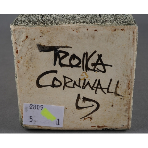 38 - A Troika square vase by Louise Jinks, circa 1976-1981, the four sides with incised geometric decorat... 