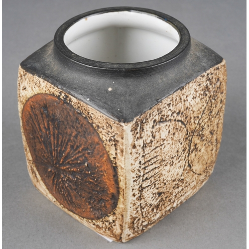 39 - A Troika marmalade jar /cube vase by Marilyn Pascoe, circa late 1960s/early 1970s, the four sides wi... 