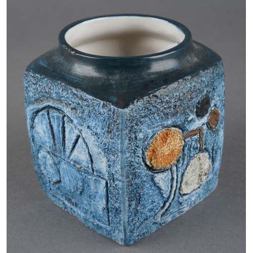 40 - A Troika marmalade jar /cube vase by Eleanor Winning, circa 1974/5, the four sides with incised geom... 