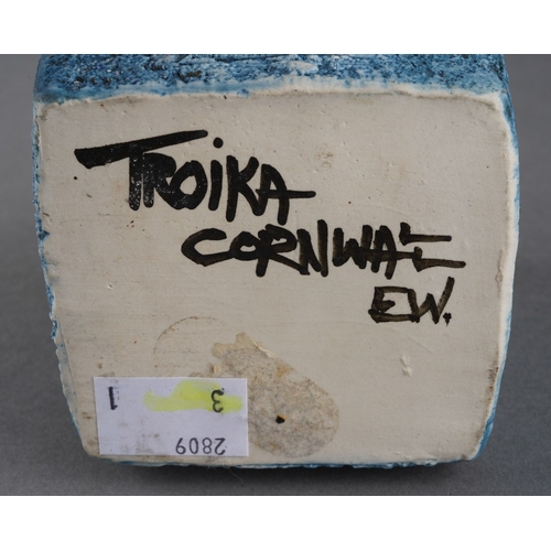 40 - A Troika marmalade jar /cube vase by Eleanor Winning, circa 1974/5, the four sides with incised geom... 