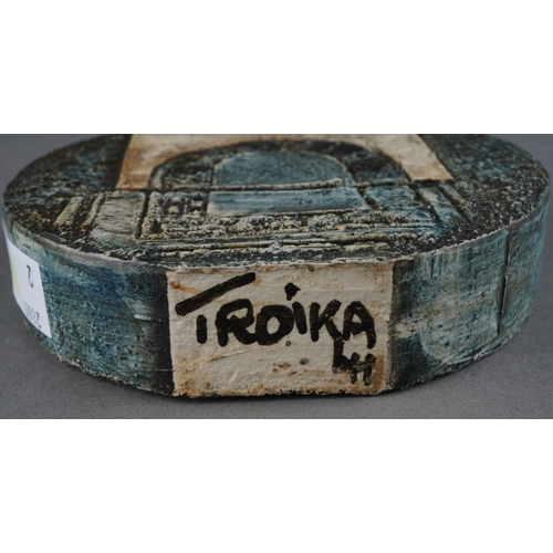 41 - A Troika Pottery wheel vase probably by Lesley King, circa 1971/2, decorated with geometric designs,... 