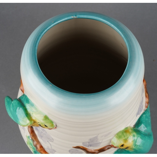 44 - Clarice Cliff Newport Pottery baluster vase decorated with two Budgies in high relief, stamped to ba... 