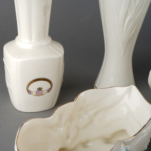 56 - A collection of late 20th Century Belleek comprising six vases and two jardinieres patterns include ... 