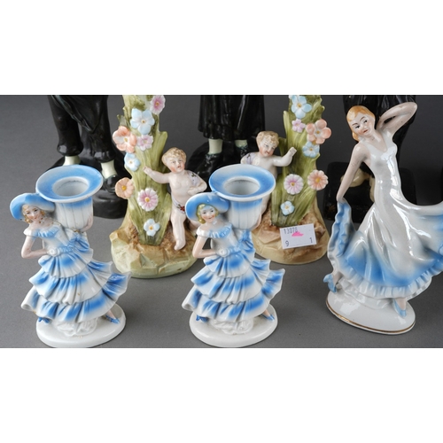59 - A box of early / first half 20th century figural ceramics, including a pair of bronzed finish spill ... 
