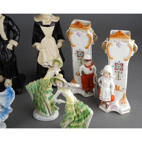 59 - A box of early / first half 20th century figural ceramics, including a pair of bronzed finish spill ... 