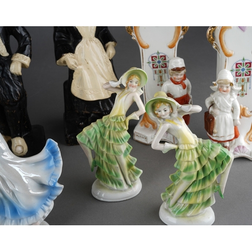 59 - A box of early / first half 20th century figural ceramics, including a pair of bronzed finish spill ... 