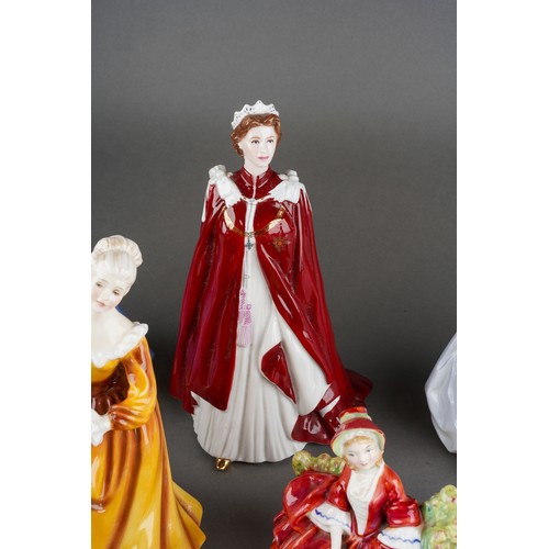 48 - Eight Royal Doulton figures to include: Elaine HN3214, This Little Pig HN1793, Lydia HN1908, Flower ... 