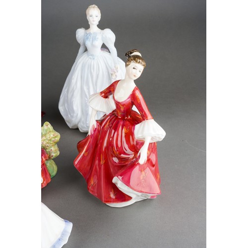 48 - Eight Royal Doulton figures to include: Elaine HN3214, This Little Pig HN1793, Lydia HN1908, Flower ... 