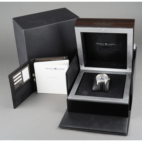 22 - A Maurice Lacroix Masterpiece 'Phase De Lune' automatic stainless steel wristwatch. The silver dial,... 