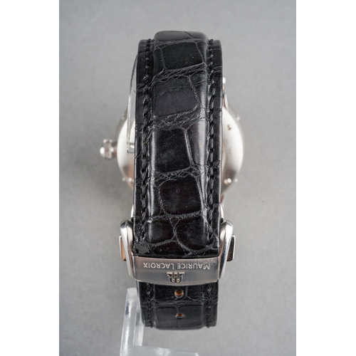 22 - A Maurice Lacroix Masterpiece 'Phase De Lune' automatic stainless steel wristwatch. The silver dial,... 