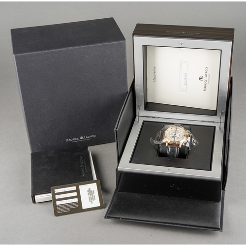 24 - A Maurice Lacroix Masterpiece 'Double Retrograde' 18ct rose gold manual winding wristwatch. The silv... 