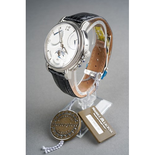 25 - A Maurice Lacroix Masterpiece 'Lune Retrograde' stainless steel manual wind wristwatch. The silver d... 