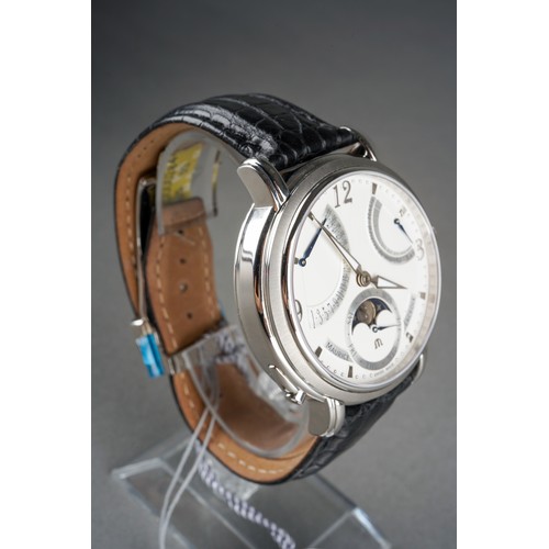 25 - A Maurice Lacroix Masterpiece 'Lune Retrograde' stainless steel manual wind wristwatch. The silver d... 