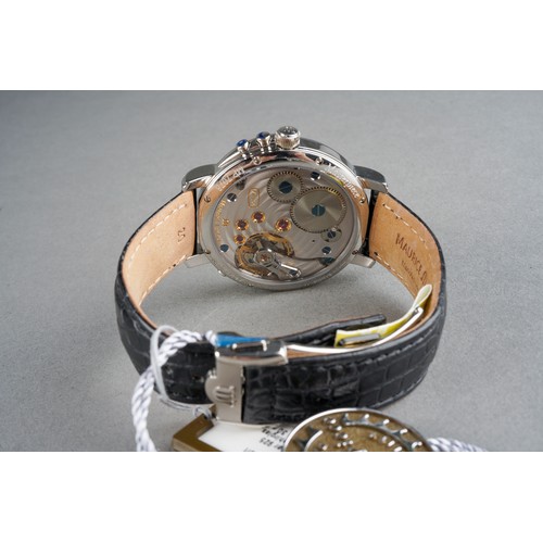 25 - A Maurice Lacroix Masterpiece 'Lune Retrograde' stainless steel manual wind wristwatch. The silver d... 