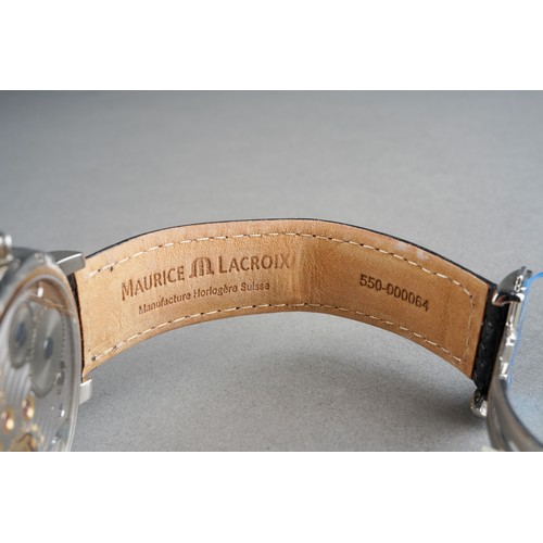 25 - A Maurice Lacroix Masterpiece 'Lune Retrograde' stainless steel manual wind wristwatch. The silver d... 