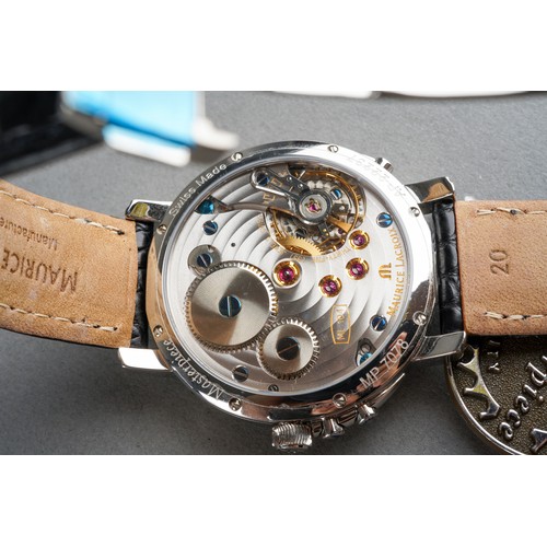 25 - A Maurice Lacroix Masterpiece 'Lune Retrograde' stainless steel manual wind wristwatch. The silver d... 