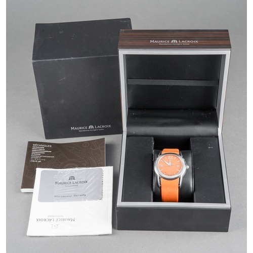 26 - A Maurice Lacroix 'Sphere' stainless steel quartz wristwatch. The orange dial 'Maurice Lacroix swiss... 