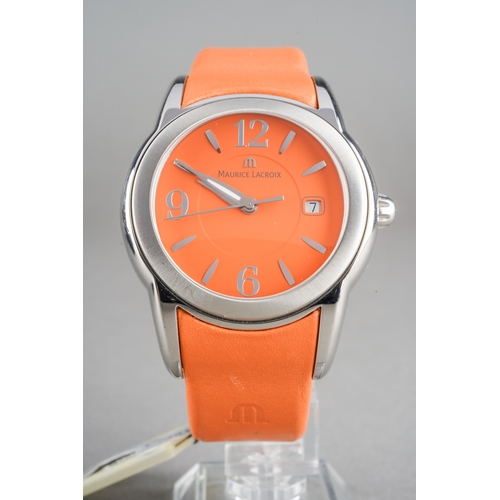 26 - A Maurice Lacroix 'Sphere' stainless steel quartz wristwatch. The orange dial 'Maurice Lacroix swiss... 
