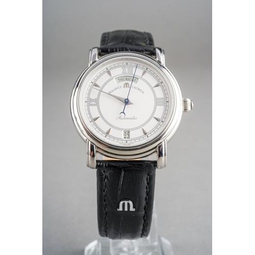 32 - A boxed Maurice Lacroix gents stainless steel automatic wrist watch on a branded black leather strap... 