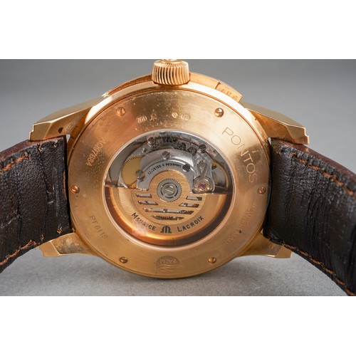 34 - A boxed Maurice Lacroix 18ct yellow gold Pontos decentrique GMT wrist watch, on a branded brown leat... 