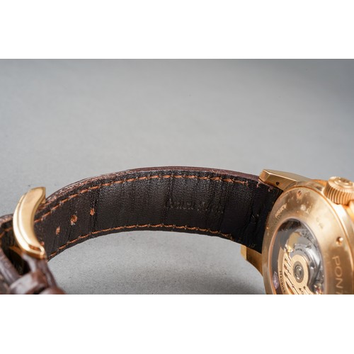 34 - A boxed Maurice Lacroix 18ct yellow gold Pontos decentrique GMT wrist watch, on a branded brown leat... 