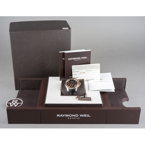 42 - A boxed Raymond Weil Parsifal Chronograph stainless steel and gold plated gent's wrist watch, black ... 