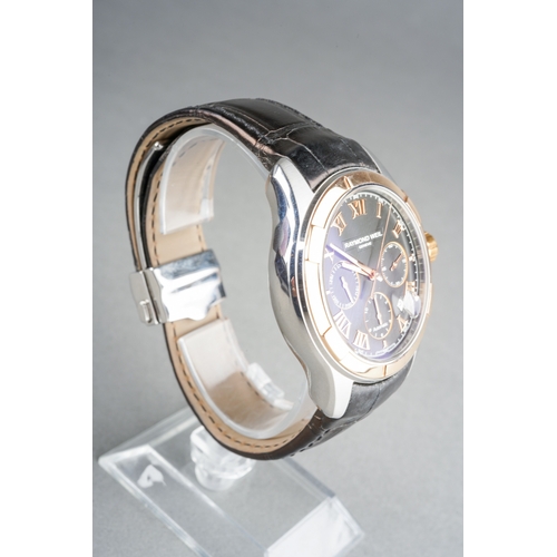 42 - A boxed Raymond Weil Parsifal Chronograph stainless steel and gold plated gent's wrist watch, black ... 