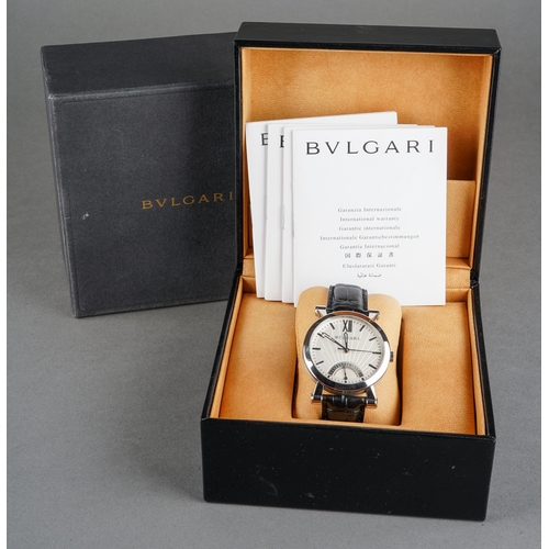 57 - A BULGARI 'Sotirio' stainless steel automatic wristwatch. The dial with silver tone hourly applied m... 