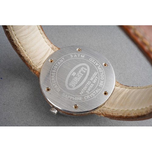2 - A Bugatti wristwatch. The white dial with black Arabic numerals, case diameter approx 32mm, assessed... 