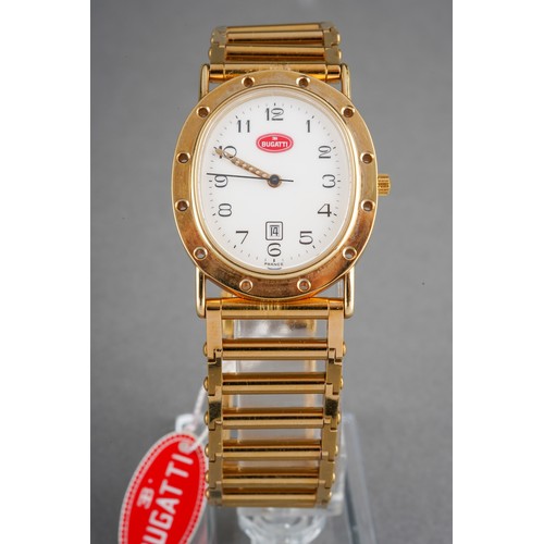 3 - A Bugatti wristwatch. The white dial with black Arabic numerals, case diameter approx 27mm by 32mm, ... 