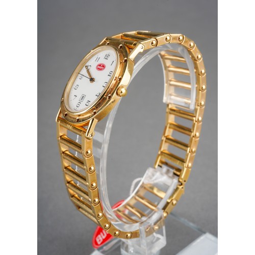 3 - A Bugatti wristwatch. The white dial with black Arabic numerals, case diameter approx 27mm by 32mm, ... 