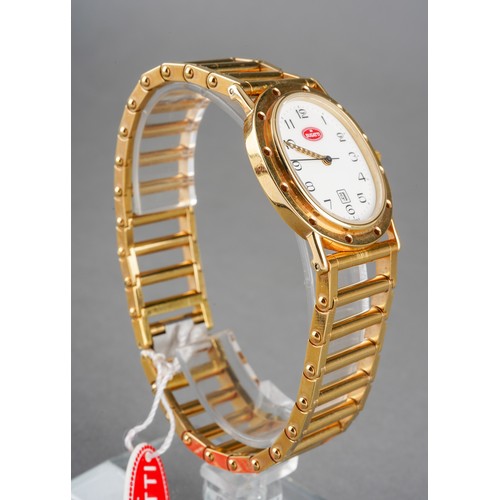 3 - A Bugatti wristwatch. The white dial with black Arabic numerals, case diameter approx 27mm by 32mm, ... 