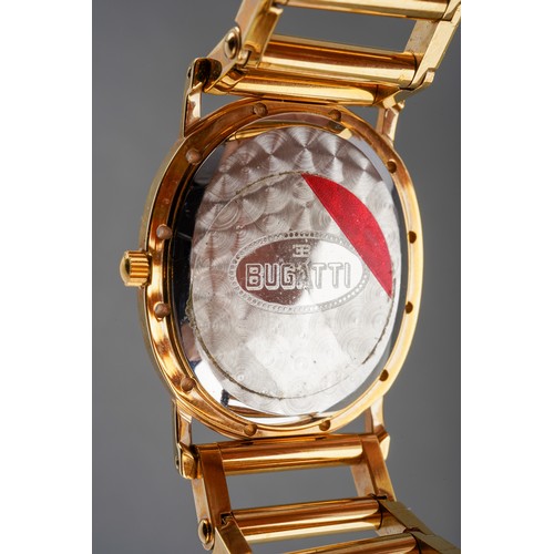 3 - A Bugatti wristwatch. The white dial with black Arabic numerals, case diameter approx 27mm by 32mm, ... 