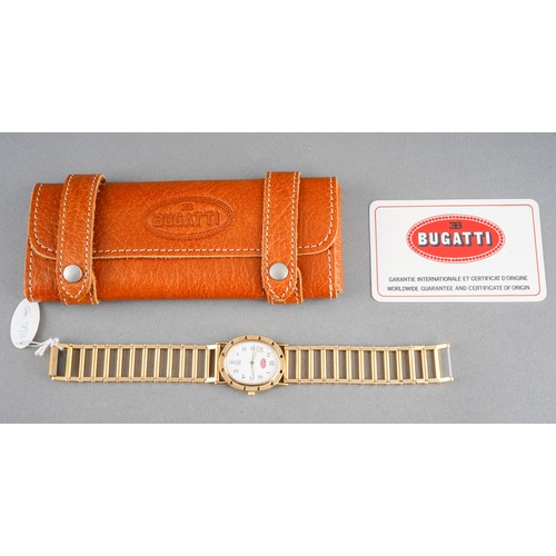 3 - A Bugatti wristwatch. The white dial with black Arabic numerals, case diameter approx 27mm by 32mm, ... 