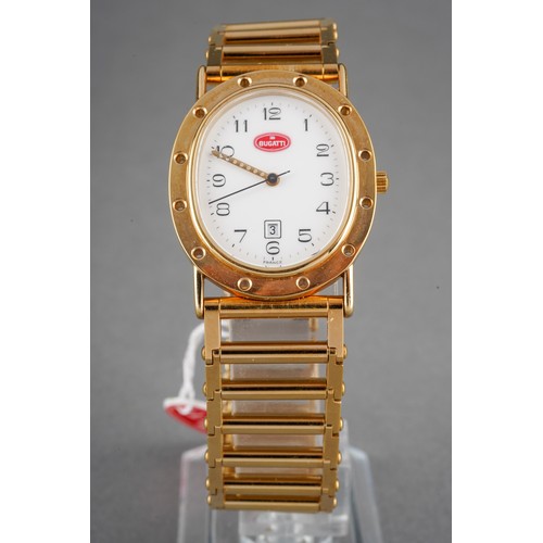 4 - A Bugatti wristwatch. The white dial with black Arabic numerals, case diameter approx 27mm by 32mm, ... 