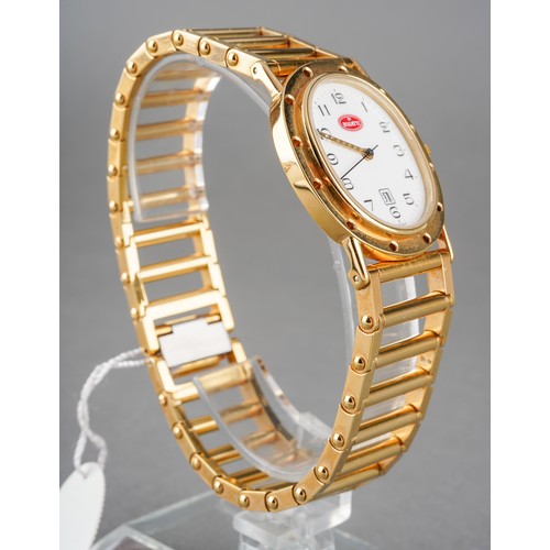 4 - A Bugatti wristwatch. The white dial with black Arabic numerals, case diameter approx 27mm by 32mm, ... 