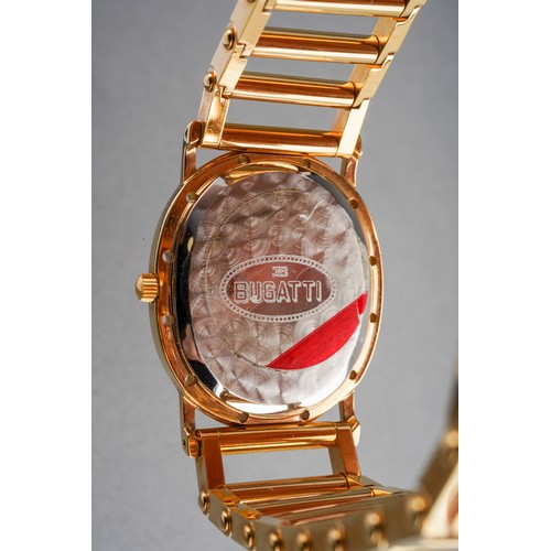 4 - A Bugatti wristwatch. The white dial with black Arabic numerals, case diameter approx 27mm by 32mm, ... 