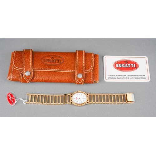4 - A Bugatti wristwatch. The white dial with black Arabic numerals, case diameter approx 27mm by 32mm, ... 