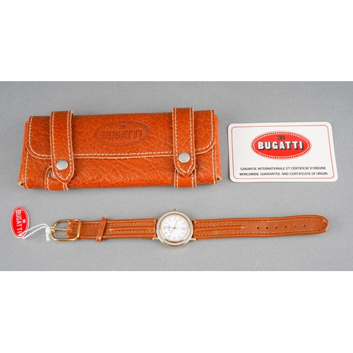 5 - A Bugatti wristwatch. The white dial with black Arabic numerals, case diameter approx 28mm, assessed... 