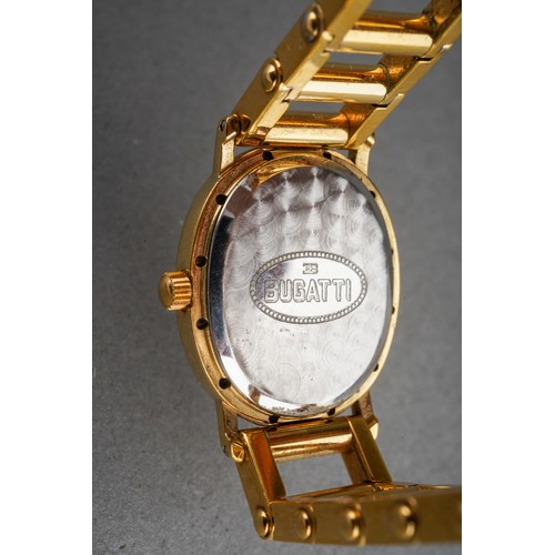 6 - A Bugatti wristwatch. The white dial with black Arabic numerals, oval shaped case, measuring approx ... 